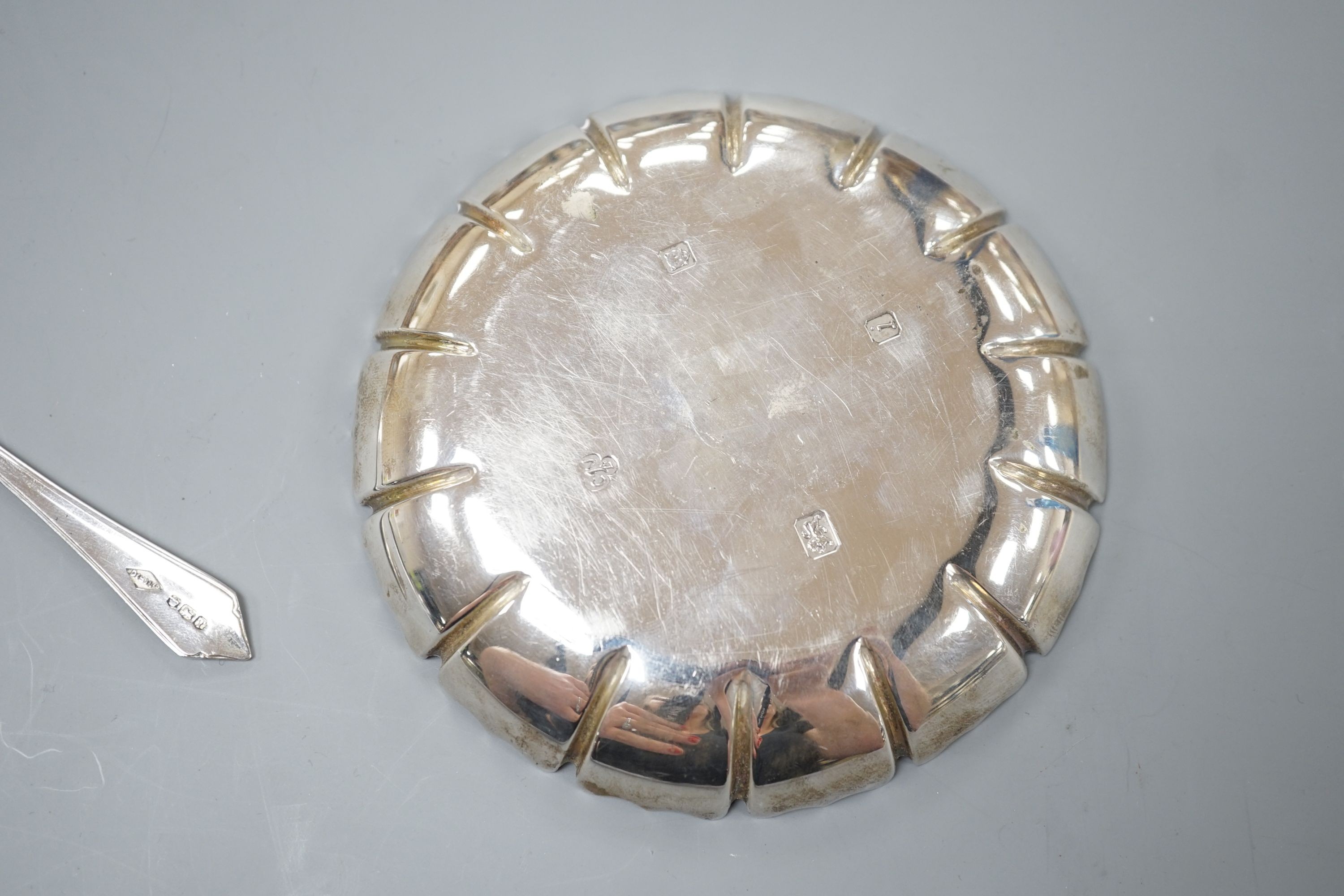 A 1960's silver dish, by C.J. Vander Ltd, 11.6cm and a silver fork, 4oz.